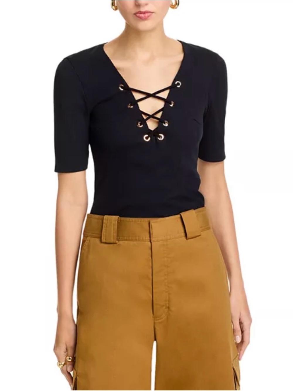 Generation Love Black Lace-Up V-Neck Short Sleeve Top